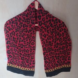 Echo Silk Red Leapord Print Scarf with Gold Chain Design